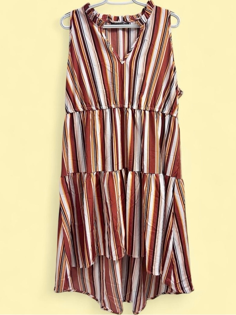 Multicolored tiered sleeveless midi dress with vertical stripes